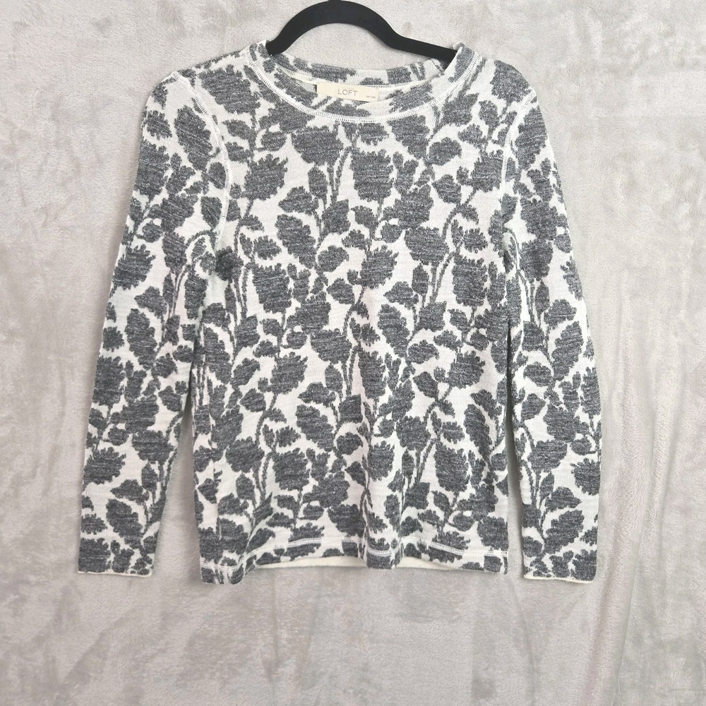 Ann Taylor LOFT Petites Wool-Blend Crewneck Sweater Ivory Gray Floral SP